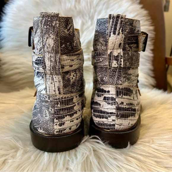 John Fluevog Modvogs Darin Boots Snake Print Leather Buckle Booties - Picture 9 of 13